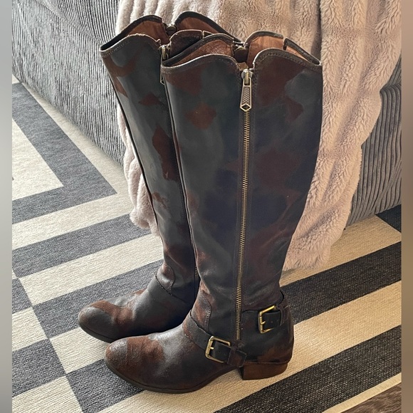 Donald J Pliner Brown Leather Buckle Zipper Design Knee Boots - Picture 1 of 5